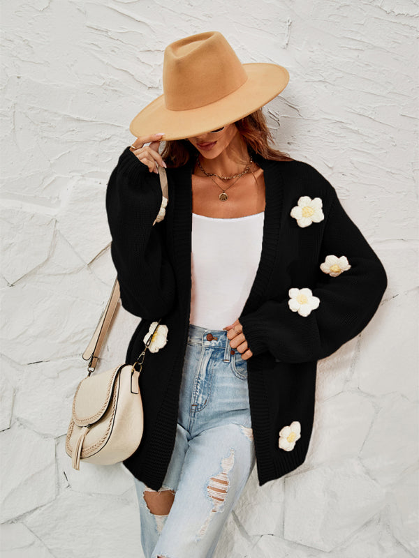 Floral Knit Cardigan with Lantern Sleeves