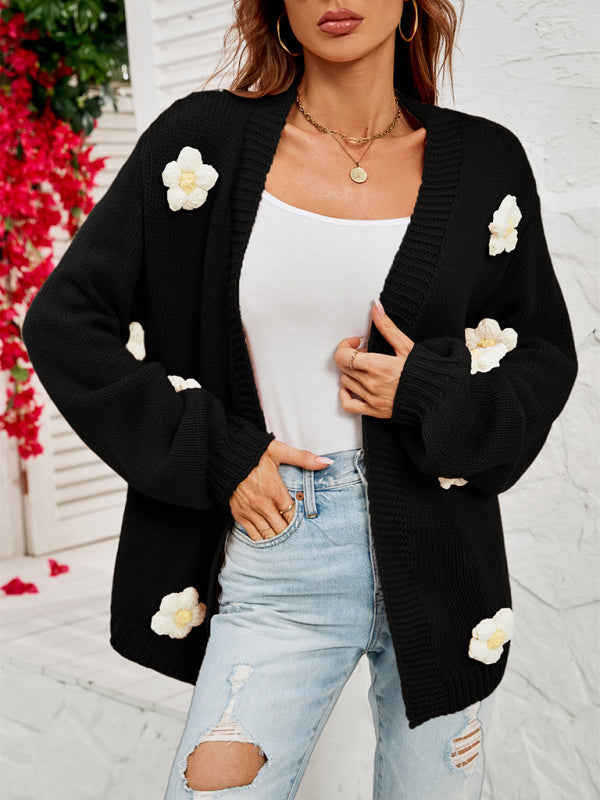 Floral Knit Cardigan with Lantern Sleeves Black