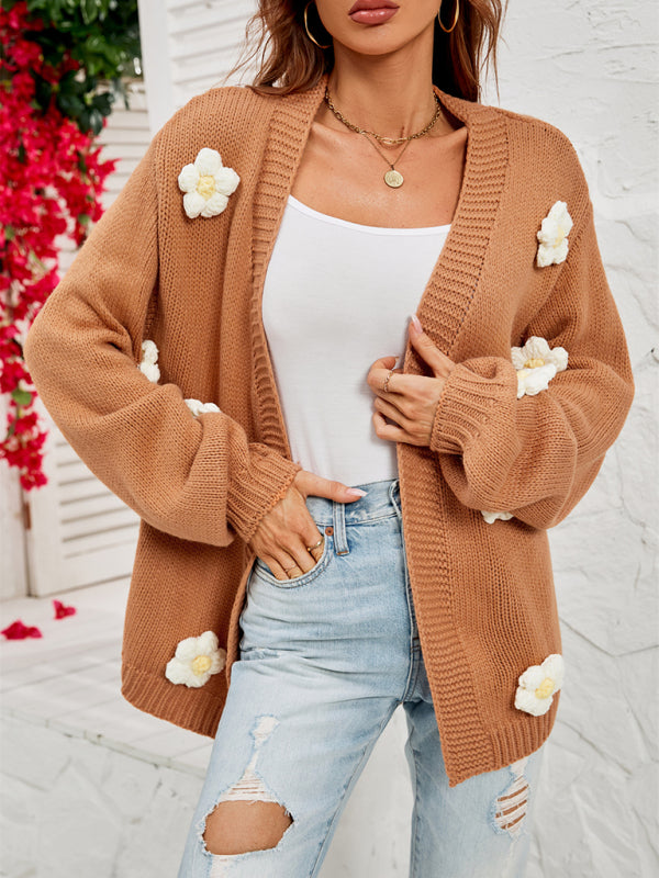 Floral Knit Cardigan with Lantern Sleeves Camel
