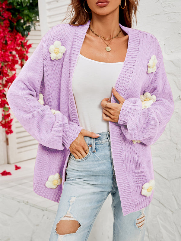 Floral Knit Cardigan with Lantern Sleeves Purple