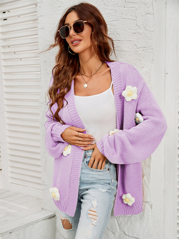 Floral Knit Cardigan with Lantern Sleeves