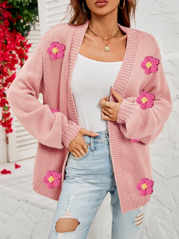 Floral Knit Cardigan with Lantern Sleeves Pink