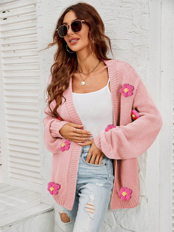 Floral Knit Cardigan with Lantern Sleeves