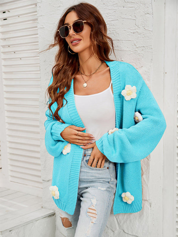Floral Knit Cardigan with Lantern Sleeves