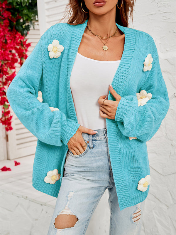 Floral Knit Cardigan with Lantern Sleeves Sky blue azure