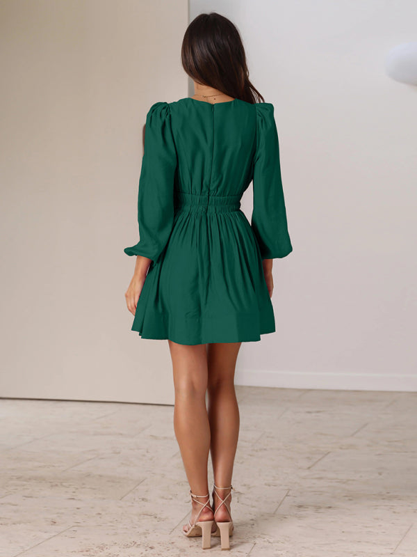 Long Sleeve Deep V-Neck Dress with Pleated Skirt – Elegant Spring Dress