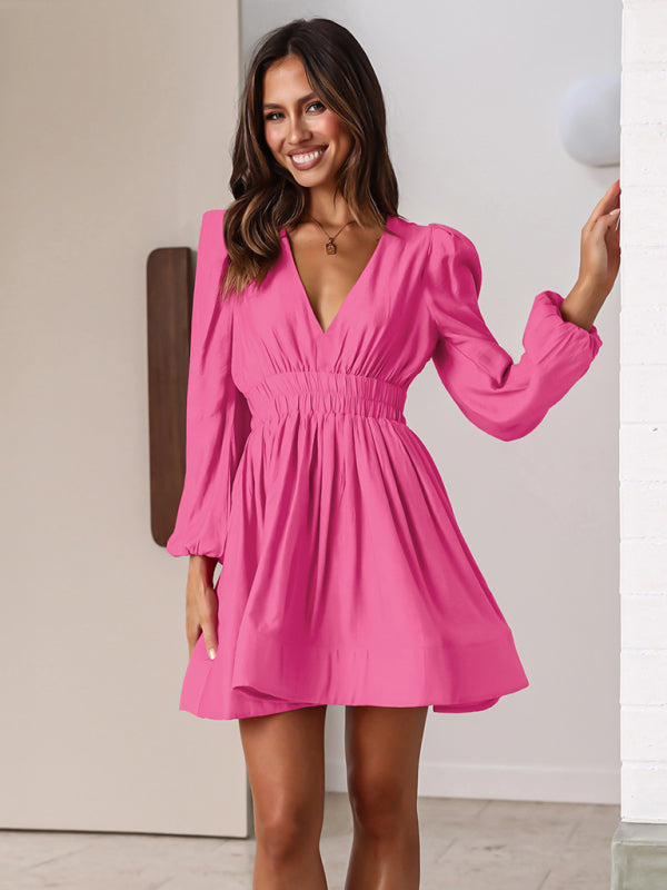Long Sleeve Deep V-Neck Dress with Pleated Skirt – Elegant Spring Dress