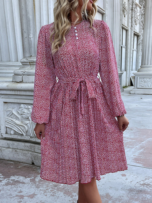 Romantic Floral Polka Dot Midi Dress – Wine Red Long Sleeve Woven Polyester