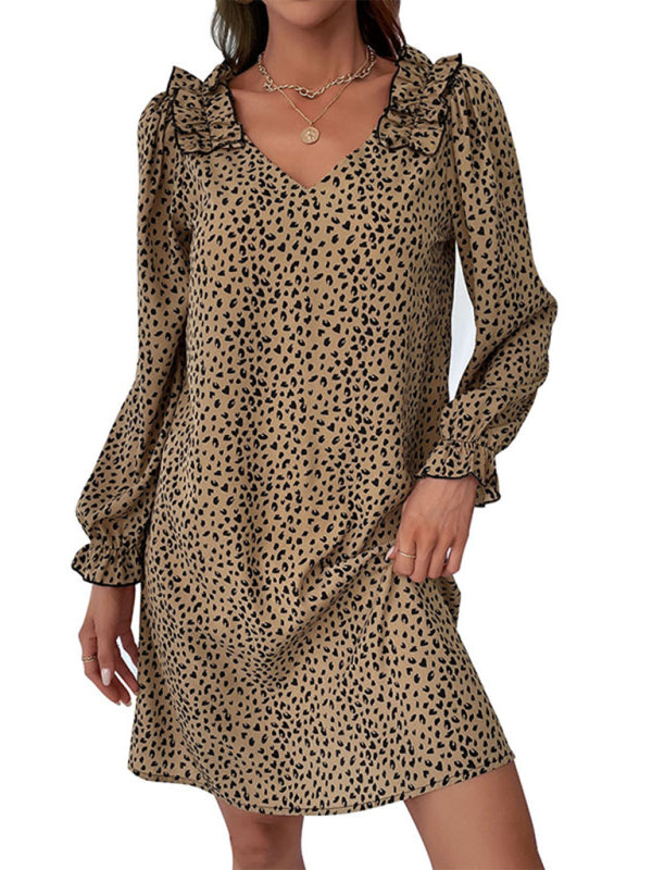 Long Sleeve Leopard Print Dress – Loose Fit, Khaki, Autumn-Winter Style