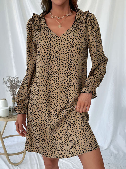 Long Sleeve Leopard Print Dress – Loose Fit, Khaki, Autumn-Winter Style