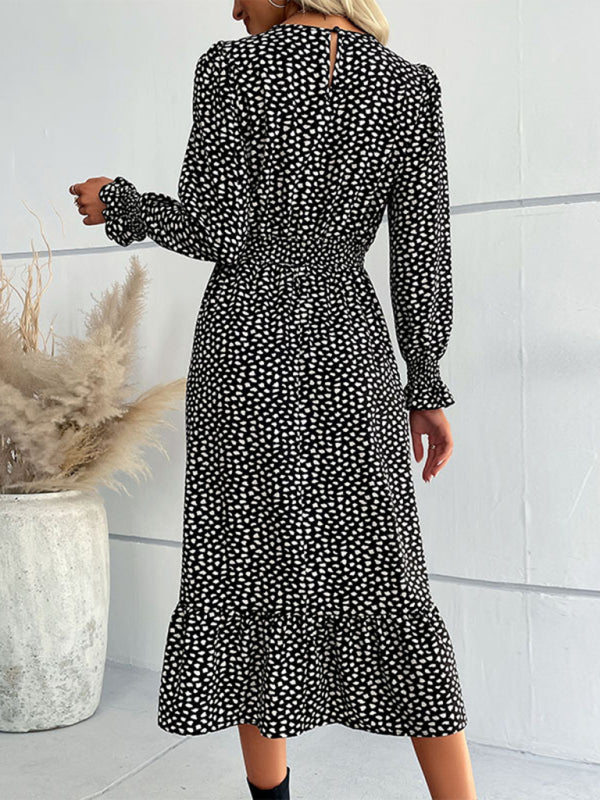 Elegant Long-Sleeve Patterned Midi Boho Dress – Lightweight & Flattering Fit