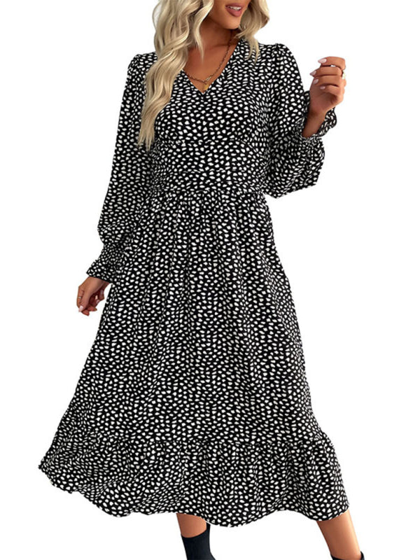 Elegant Long-Sleeve Patterned Midi Boho Dress – Lightweight & Flattering Fit