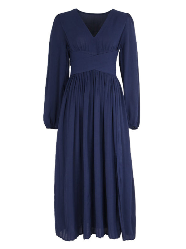 Long Sleeve Slit Dress with Waist Tie – Royal Blue Elegant Woven Fit