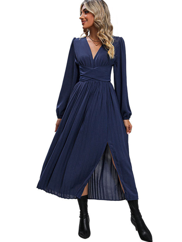 Long Sleeve Slit Dress with Waist Tie – Royal Blue Elegant Woven Fit