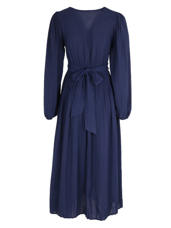 Long Sleeve Slit Dress with Waist Tie – Royal Blue Elegant Woven Fit