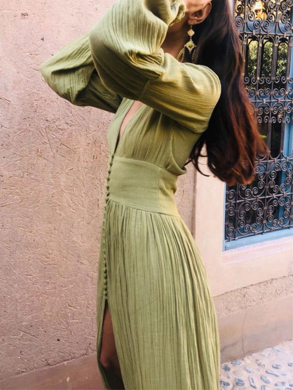 French Retro V-Neck Long-Sleeve Dress – Waist Pleats & Side Slit Elegance