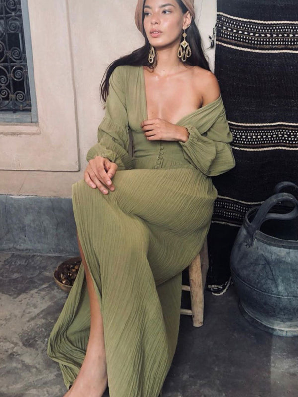 French Retro V-Neck Long-Sleeve Dress – Waist Pleats & Side Slit Elegance