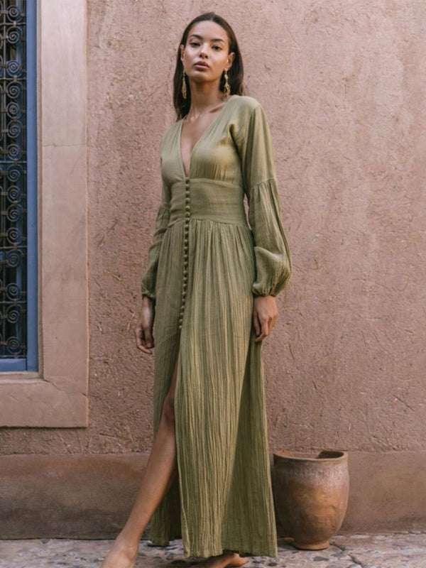 French Retro V-Neck Long-Sleeve Dress – Waist Pleats & Side Slit Elegance