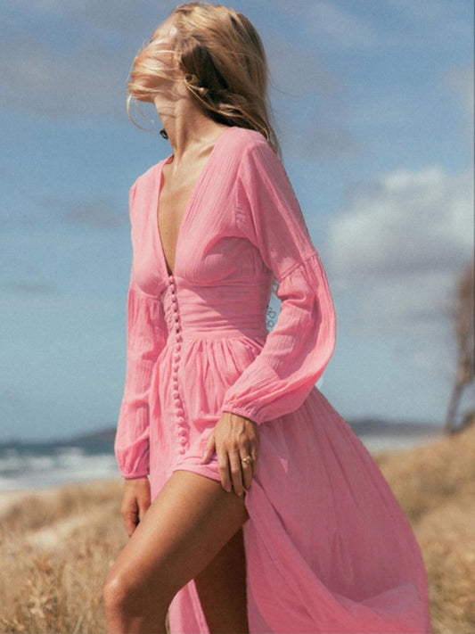 French Retro V-Neck Long-Sleeve Dress – Waist Pleats & Side Slit Elegance