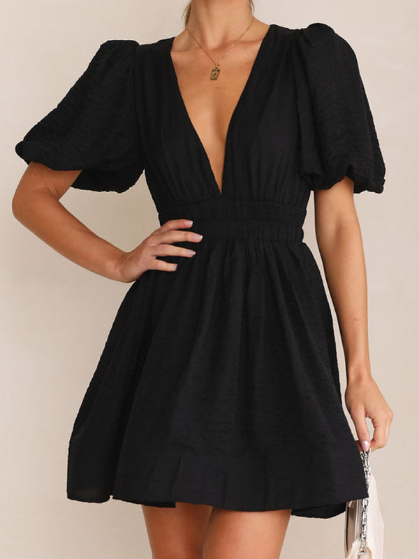 V-Neck Lantern Sleeve Waist Dress – Short Princess Cut, Spring-Summer Chic