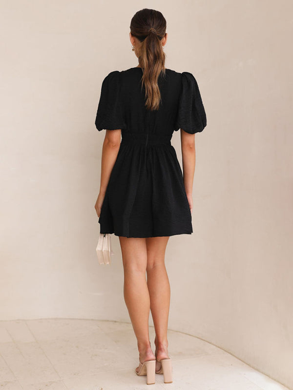 V-Neck Lantern Sleeve Waist Dress – Short Princess Cut, Spring-Summer Chic