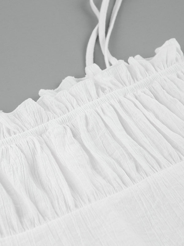 Weißes Minikleid mit V-Ausschnitt und Rüschen – Romantische Sling-Passform für Frühling/Sommer