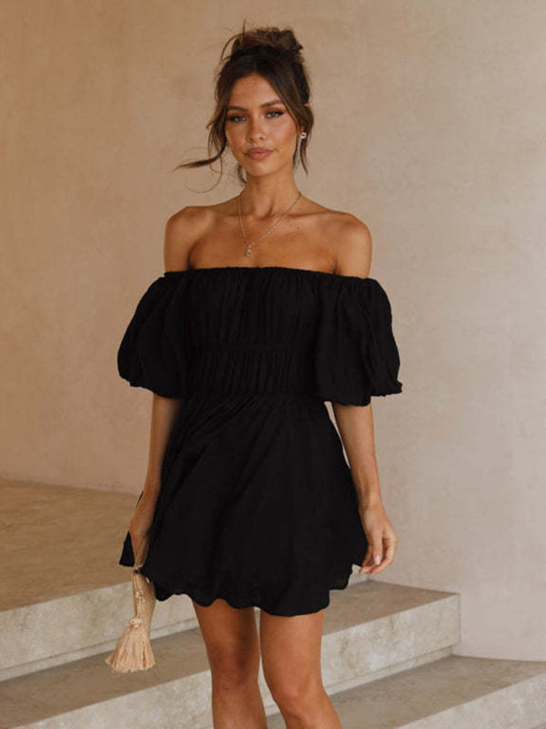 Boho One-Shoulder Mini Dress – Elastic Waist, Textured Finish