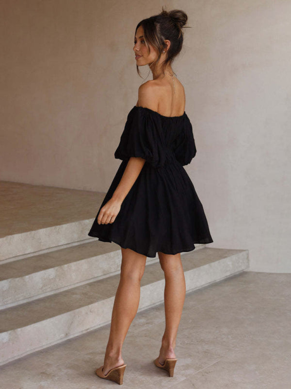 Boho One-Shoulder Mini Dress – Elastic Waist, Textured Finish