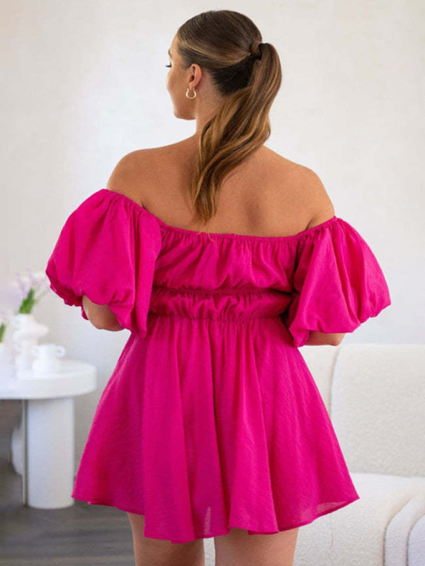 Boho One-Shoulder Mini Dress – Elastic Waist, Textured Finish