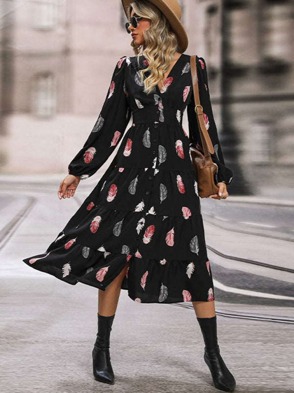 Elegant Long Sleeve Plant Print Dress – Graceful Fit, All-Season Style