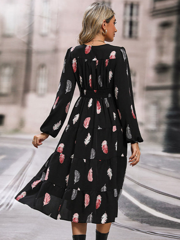 Elegant Long Sleeve Plant Print Dress – Graceful Fit, All-Season Style