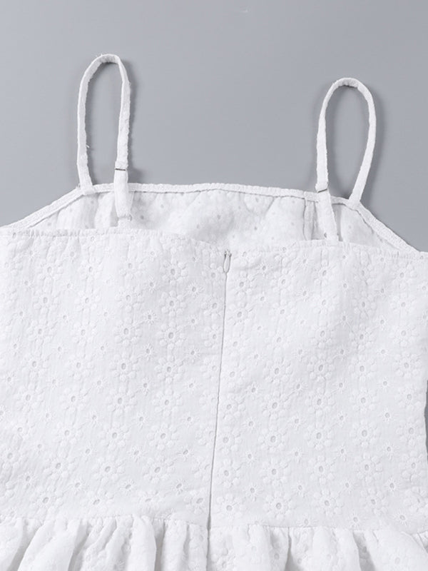 Slim Waist French Embroidery Dress – White A-Line Suspender Design