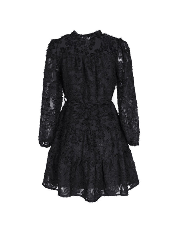 Solid Black Textured Jacquard Long-Sleeve Midi Dress – Elegant Fit