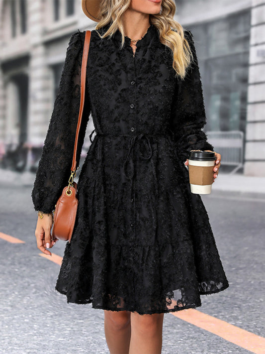 Solid Black Textured Jacquard Long-Sleeve Midi Dress – Elegant Fit