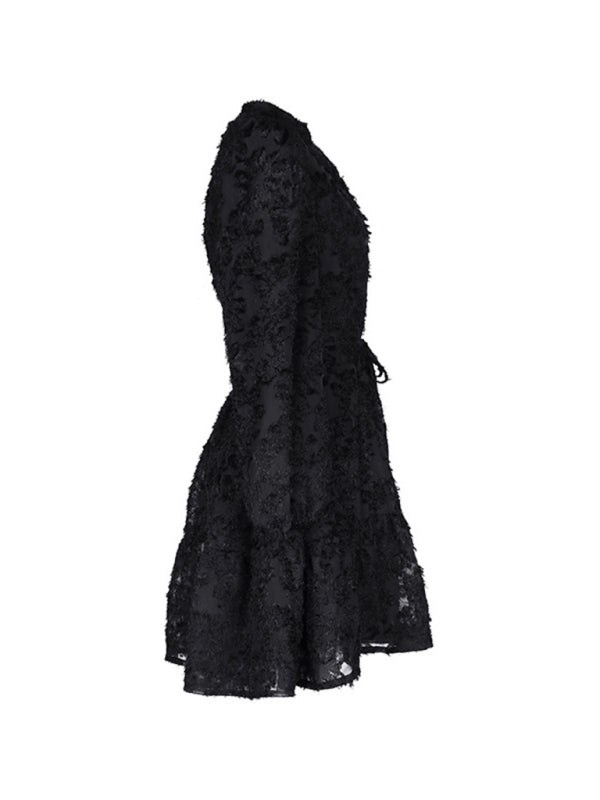Solid Black Textured Jacquard Long-Sleeve Midi Dress – Elegant Fit
