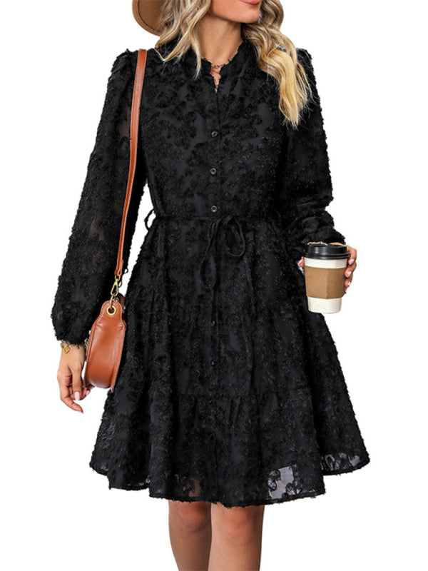 Solid Black Textured Jacquard Long-Sleeve Midi Dress – Elegant Fit