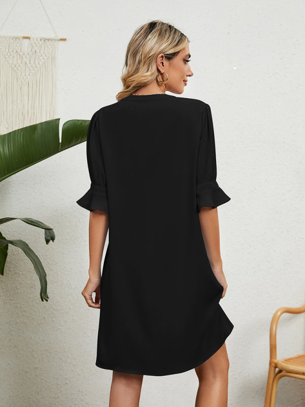 Solid V-Neck Loose Gathered Dress – Five-Quarter Sleeves, Spring-Summer Style