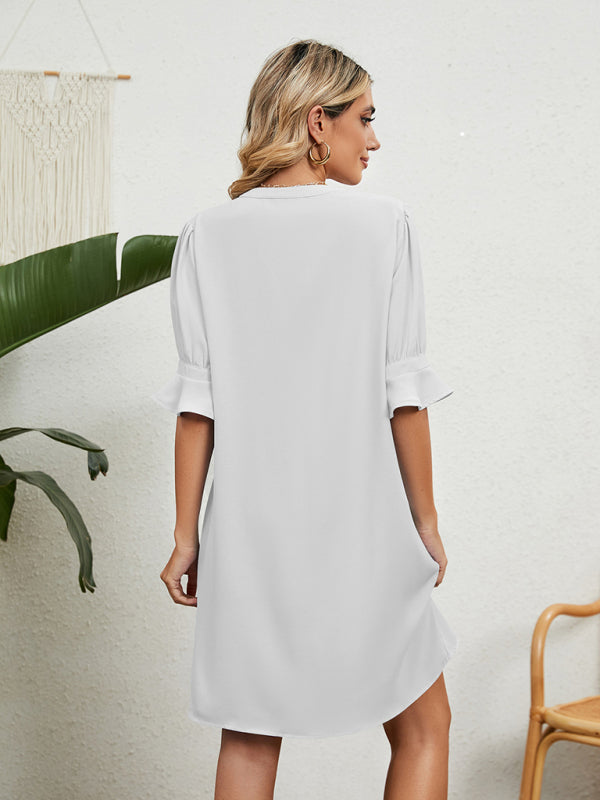 Solid V-Neck Loose Gathered Dress – Five-Quarter Sleeves, Spring-Summer Style