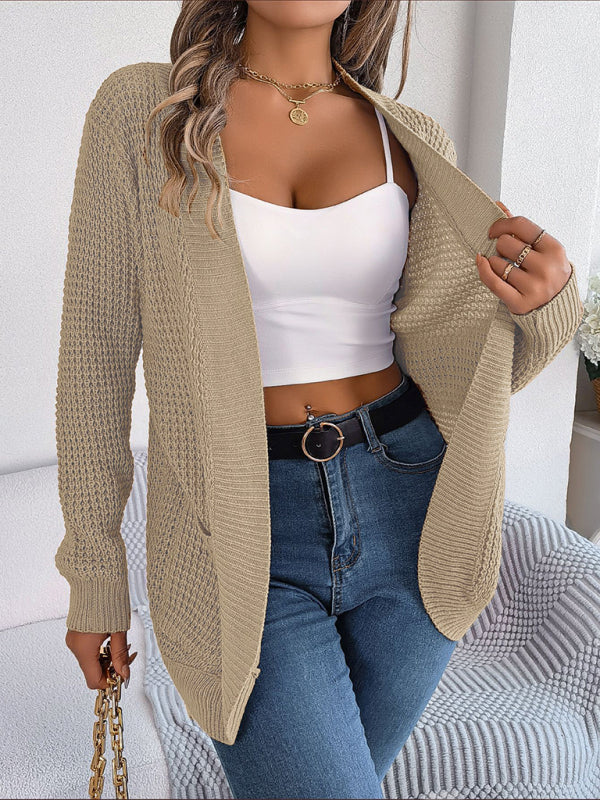 Casual Knit Long Sleeve Cardigan Khaki