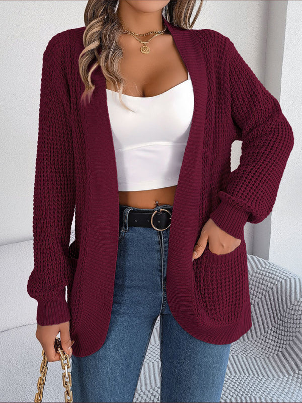 Casual Knit Long Sleeve Cardigan Wine Red