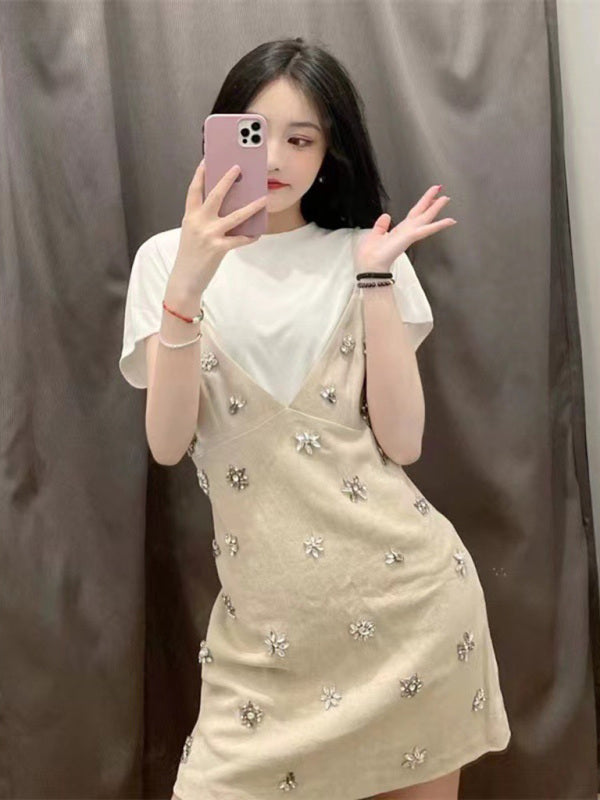 Hand-Embellished Slim Fit Suspender Dress – French-Inspired Spring Style