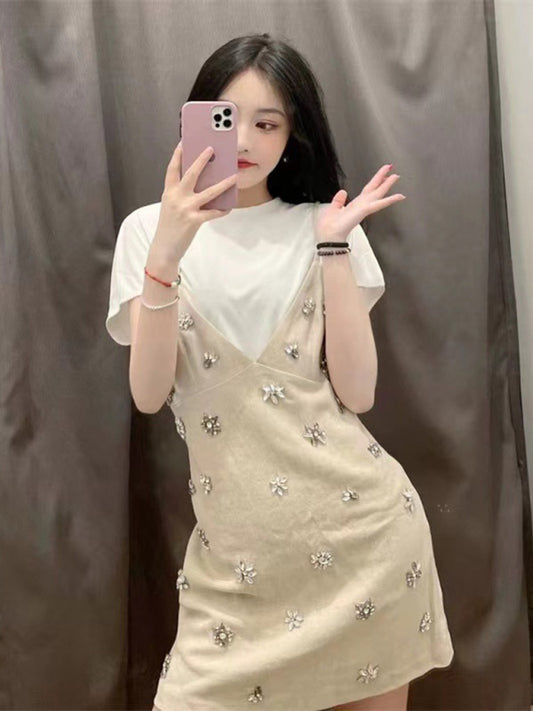 Hand-Embellished Slim Fit Suspender Dress – French-Inspired Spring Style