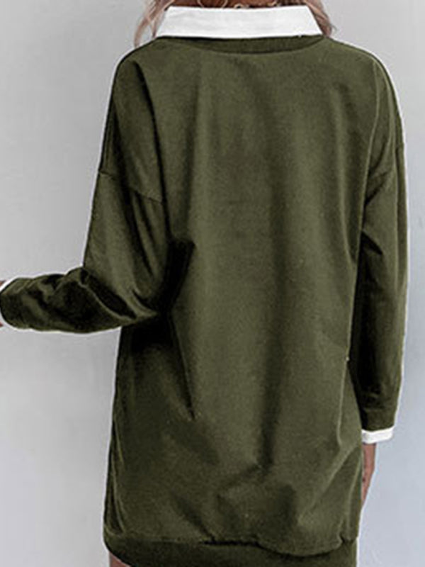 Long-Sleeve Lapel Knit Sweater Dress – Letter Print, Cotton Blend | Fall-Winter Casual Wear