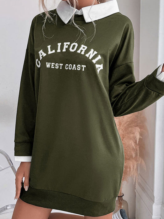 Long-Sleeve Lapel Knit Sweater Dress – Letter Print, Cotton Blend | Fall-Winter Casual Wear