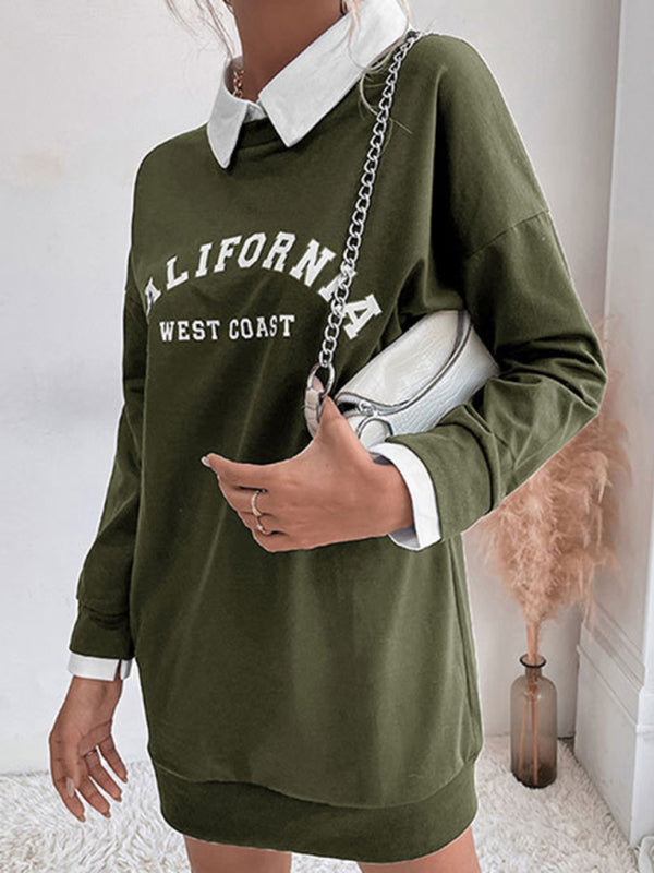 Long-Sleeve Lapel Knit Sweater Dress – Letter Print, Cotton Blend | Fall-Winter Casual Wear