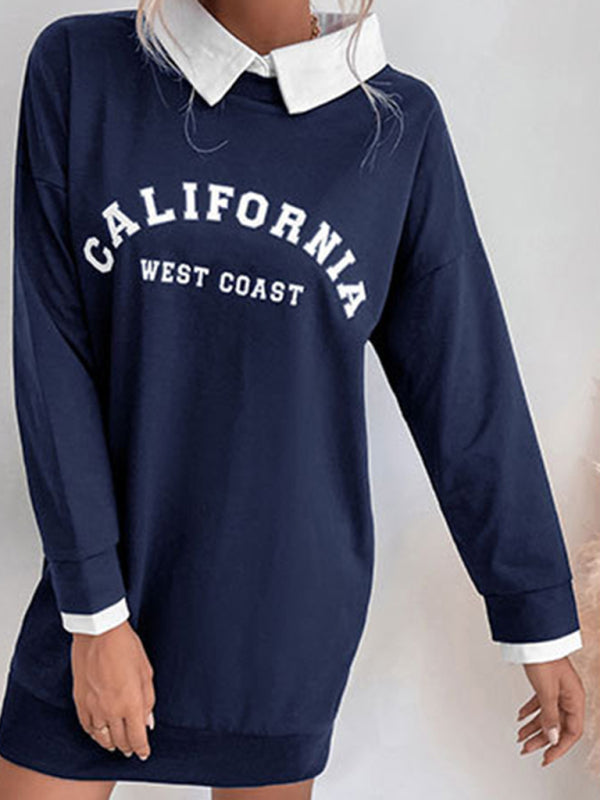 Long-Sleeve Lapel Knit Sweater Dress – Letter Print, Cotton Blend | Fall-Winter Casual Wear