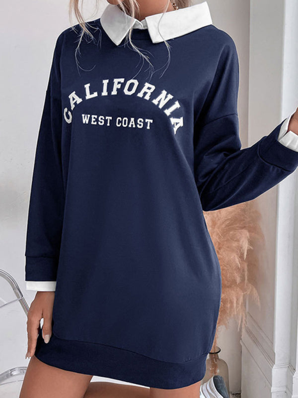 Long-Sleeve Lapel Knit Sweater Dress – Letter Print, Cotton Blend | Fall-Winter Casual Wear