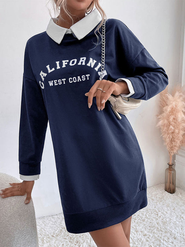 Long-Sleeve Lapel Knit Sweater Dress – Letter Print, Cotton Blend | Fall-Winter Casual Wear
