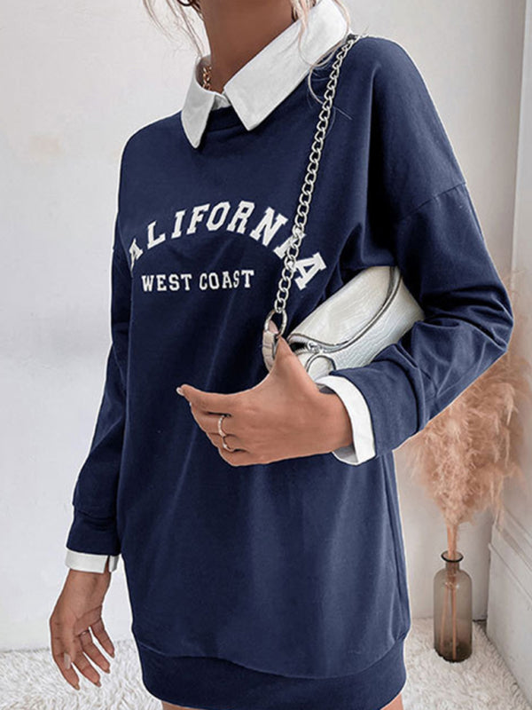 Long-Sleeve Lapel Knit Sweater Dress – Letter Print, Cotton Blend | Fall-Winter Casual Wear