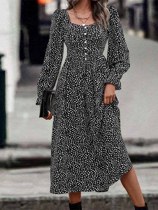 Square Neck Printed Long Sleeve Dress – Elegant Autumn-Winter Look